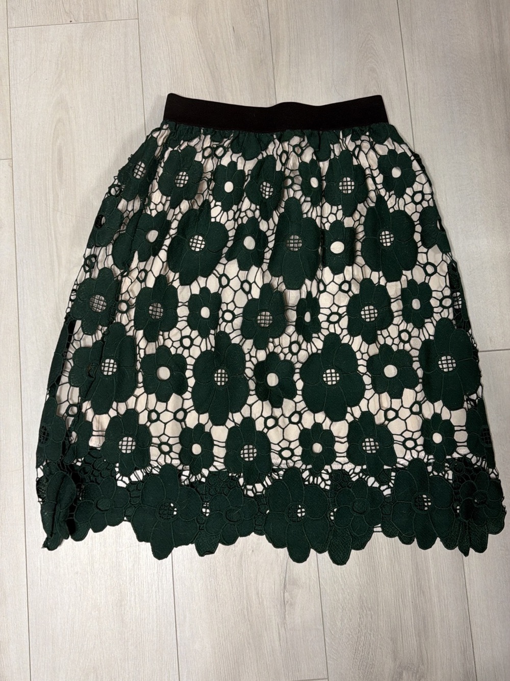 Dark Green Floral Lace Midi Skirt with Nude Lining